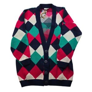 Vintage 80s Argyle Cardigan Sweater Women‎ 2X/3X Plus Fun Color Knit USA NEW